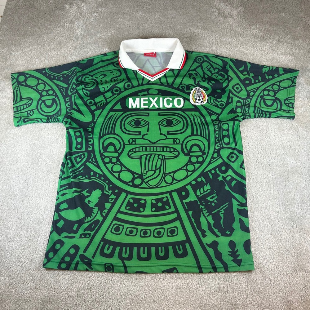 VTG Ultra Mexico Soccer Jersey Mens L Green Aztec Calendar Print Short Sleeve